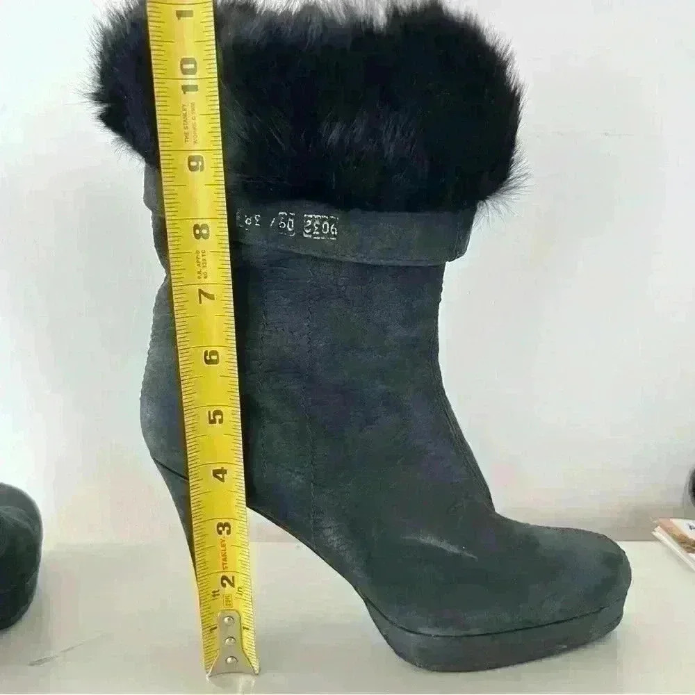 VERO CUIOIO BLACK LEATHER FUR HEELS OVAL TOE PLATFORM BOOTS SIZE 38 - Picture 15 of 16